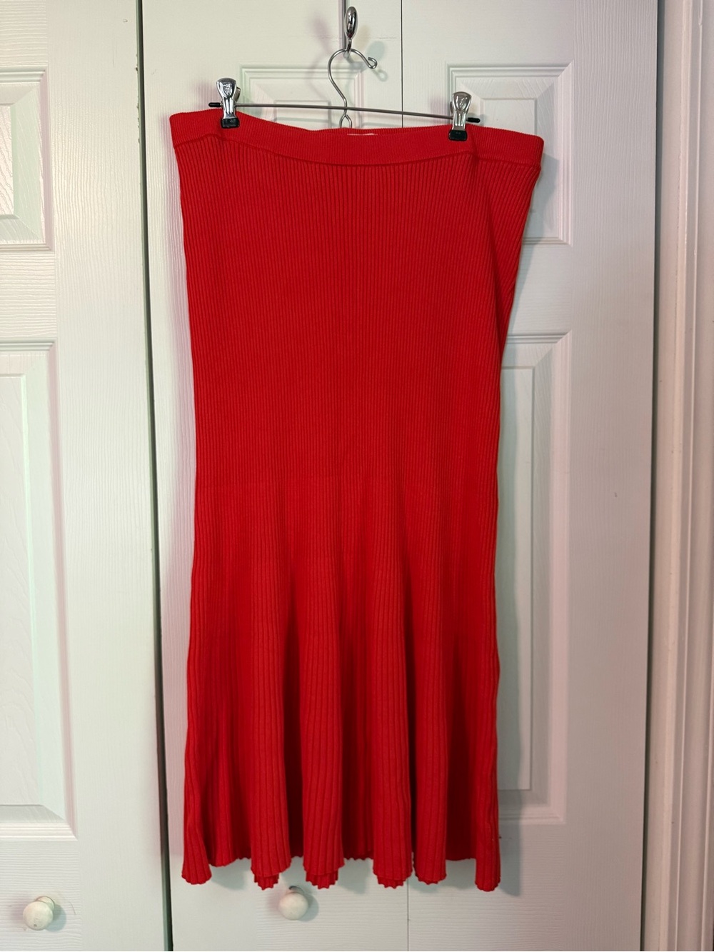 Bright Red Ribbed Midi Skirt
